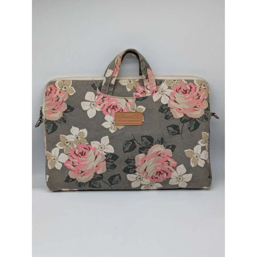 Canvaslife Floral Laptop Bag 16x12 Gray Pink Rose Canvas Shoulder Briefcase